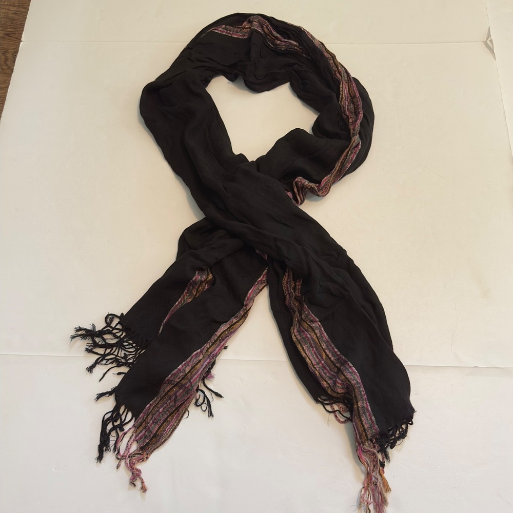 Cejon Black Viscose Scarf Multi Color Metallic Striped Border Fringe Wrap‎ India